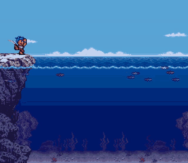 a pixel art of a fisherman fishing in the ocean