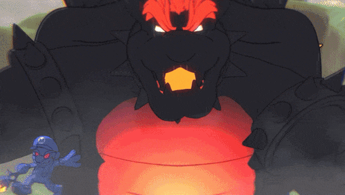 a cartoon character with a m on his hat is fighting a monster