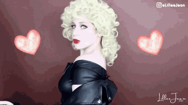 a woman with blonde hair and red lips is wearing a black leather jacket and surrounded by hearts ..
