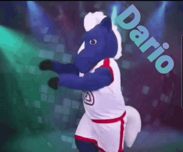a blue horse mascot with the name dario written on the bottom