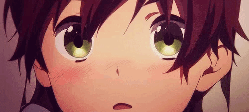 a close up of a anime character 's face with green eyes