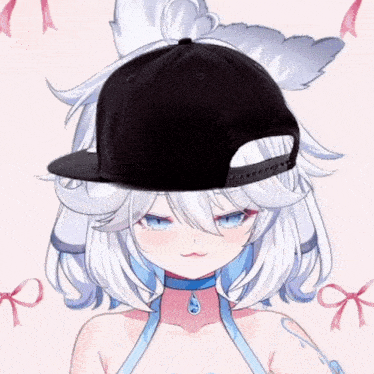 a girl with white hair and blue eyes wears a black hat