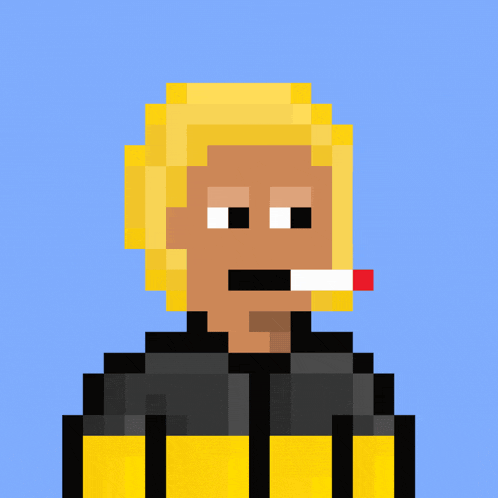 a pixel art of a man smoking a cigarette and wearing a yellow jacket