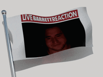 a flag with a picture of a man and the words live barrett reaction on it