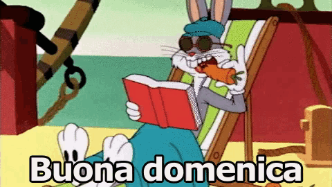 bugs bunny is reading a book and eating a carrot with the words buona domenica written below him