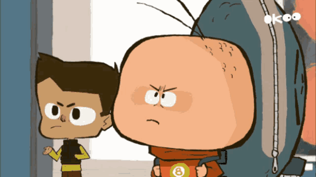 a cartoon character with the number 8 on his shirt stands next to another character