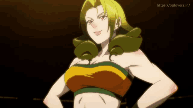 a woman with green hair and a yellow and green top