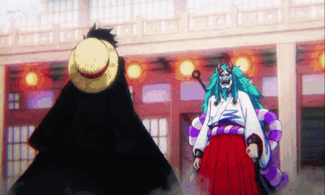 a man in a straw hat and a woman in a kimono are standing next to each other in a building .