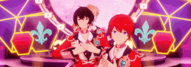 two anime characters are standing next to each other on a stage in front of a purple background .