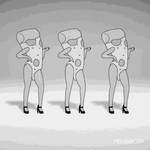 a foxadhe.com drawing of three pizzas dancing