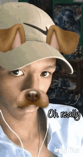 a man wearing a nike hat has a dog face mask on