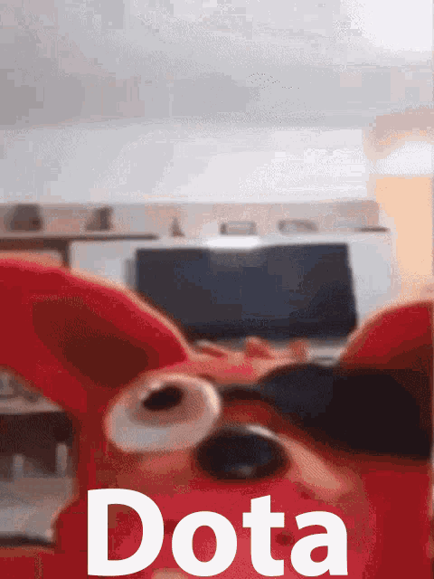 a picture of a red stuffed animal with the word dota on it