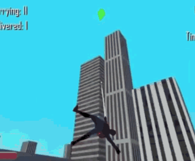 spider-man is flying through the air while holding a green balloon in front of a tall building .