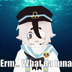 a cartoon character with white hair and a black hat is saying erm what da tuna