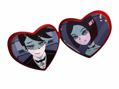a heart shaped picture frame with a boy and a girl on it