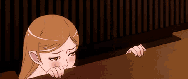 a cartoon of a girl looking over a table