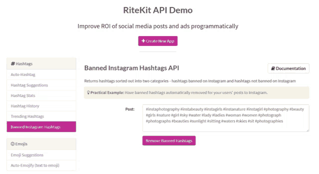 a screenshot of ritekit api demo which allows you to ban instagram hashtags