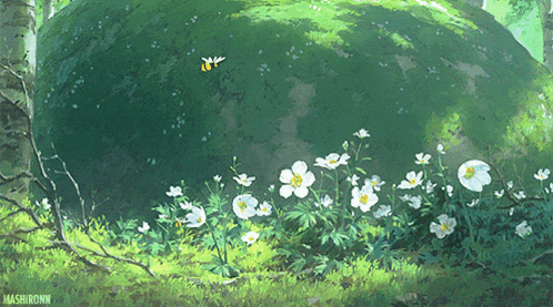 a painting of white flowers and a large green rock with mashironn written in the bottom right corner