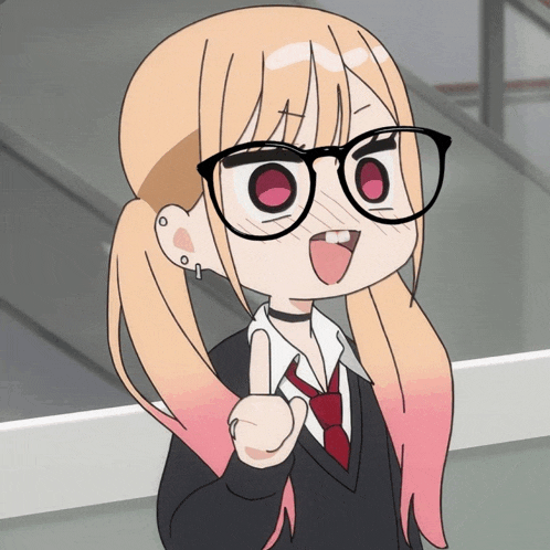 a cartoon girl wearing glasses and a choker shows her tongue
