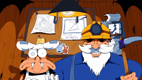 two cartoon characters standing in front of a bulletin board that says ' last seen my pants '