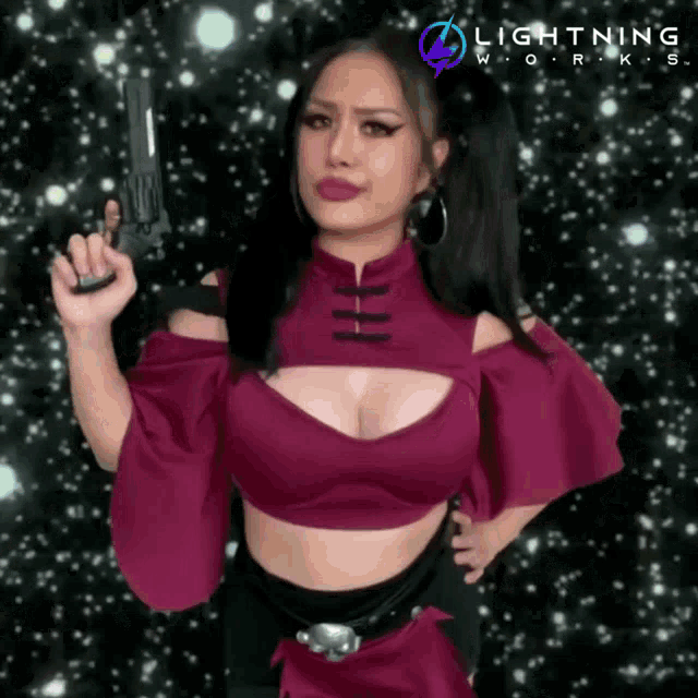 a woman is holding a gun in front of a lightning works sign
