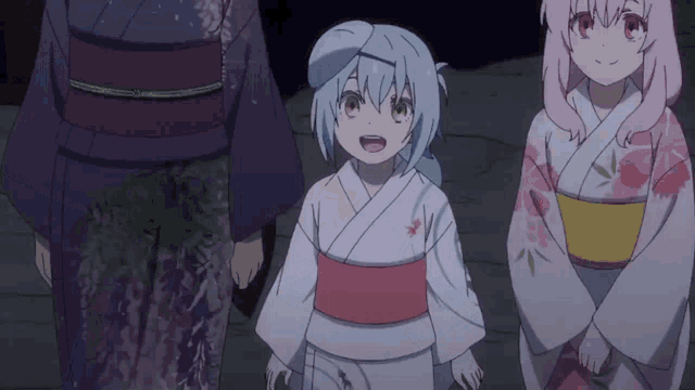 three anime girls in kimonos are standing next to each other at night