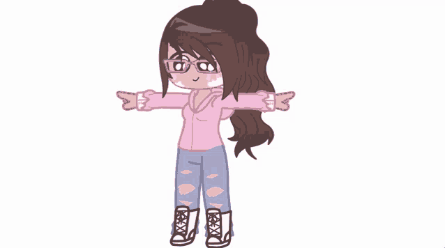 a cartoon girl wearing glasses and a pink jacket is standing with her arms outstretched .