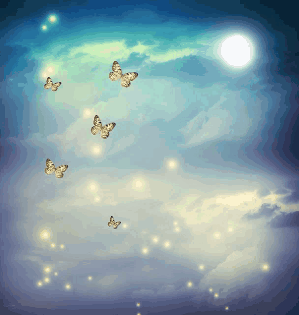 a painting of butterflies flying in a cloudy sky
