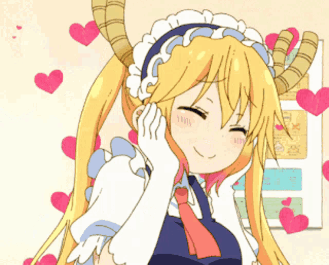 a cartoon girl with horns and hearts around her