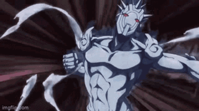 a cartoon character is standing in the dark with his arms outstretched and a mask on .