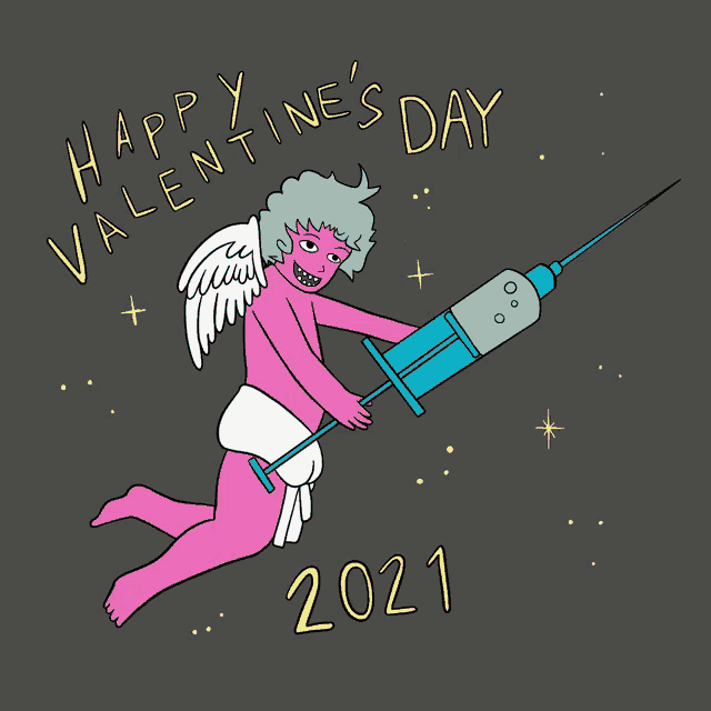 a valentine 's day greeting card with a cupid holding a syringe and the year 2021