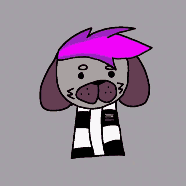 a cartoon dog with purple hair and a scarf
