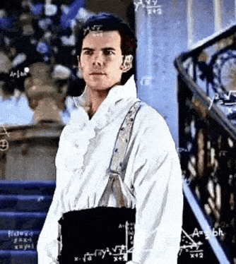 a man wearing a white shirt and suspenders is standing in front of a staircase with math equations on it
