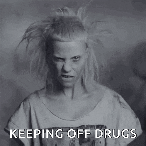 a black and white photo of a woman with the words " keeping off drugs " below her