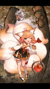 a girl with a fox tail is laying on top of a large white fox
