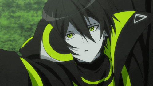 a black and yellow anime character with a triangle on the sleeve