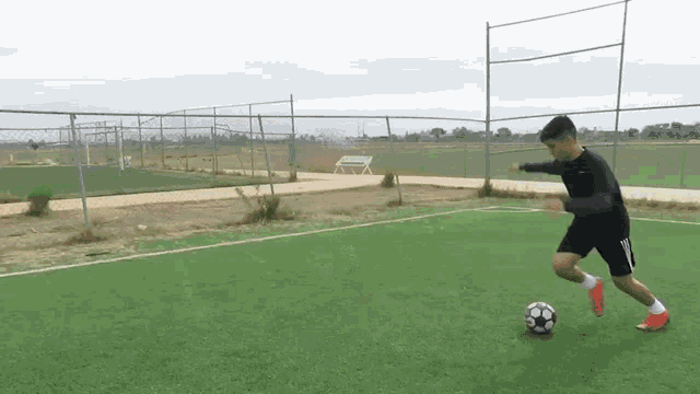 a man is kicking a soccer ball in a field