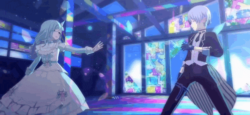 a girl in a white dress and a boy in a tuxedo are dancing in a room .