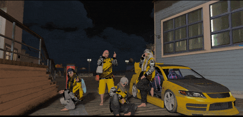 a group of people are posing in front of a yellow car with a license plate that starts with the letter l