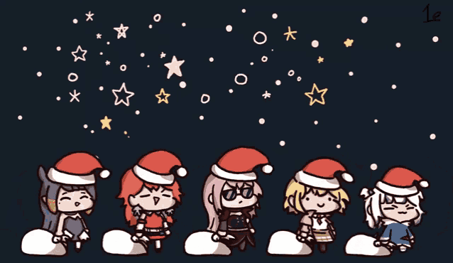 a group of cartoon characters wearing santa hats are lined up in a row