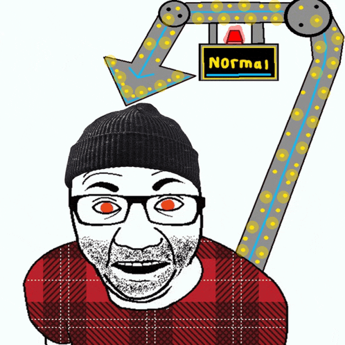 a cartoon of a man with glasses and a sign that says normal on it