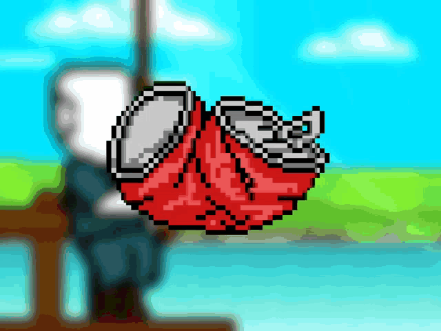 a pixel art of a can of soda hanging from a fishing hook