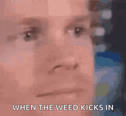 a close up of a man 's face with the words `` when the weed kicks in '' .