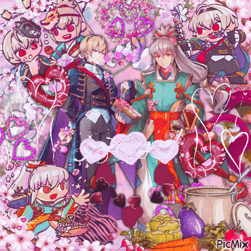 a group of anime characters are surrounded by hearts and flowers on a pink background with the words picmix at the bottom