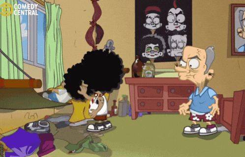 a cartoon of a man standing next to a girl with a kiss poster on the wall
