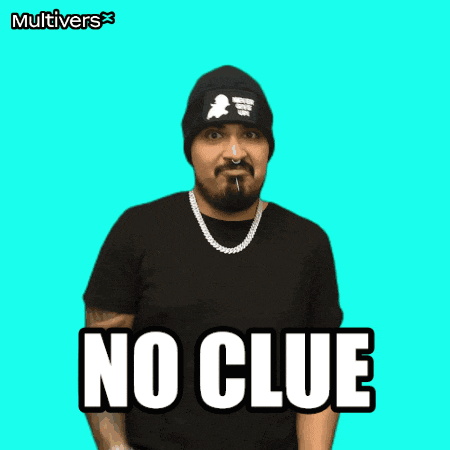 a man with a beard wearing a black shirt and a black beanie says no clue