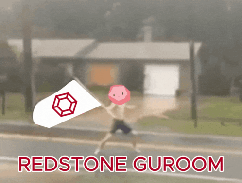 a blurred image of a man holding a flag with the words redstone guroom below