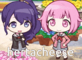 a couple of anime girls standing next to each other with the words herta cheese written on the bottom