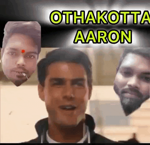 a man with a cigarette in his mouth is surrounded by other men 's faces and the name aaron