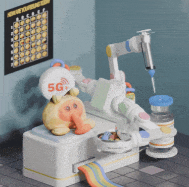 a robotic arm with a sign that says 5g